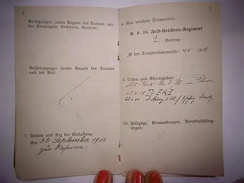 Originaler Militärpaß eines Soldaten des 10. Feldatillerie Regiments von 1908