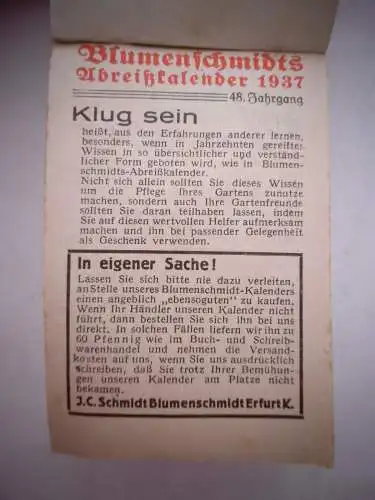 Alter Abreiß-Kalender 1937 Blumenschmidts, komplett