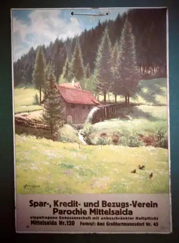 Altes Pappschild / Reklame-Tafel für Abreißkalender "Bezugs Verein Mittelsaida"