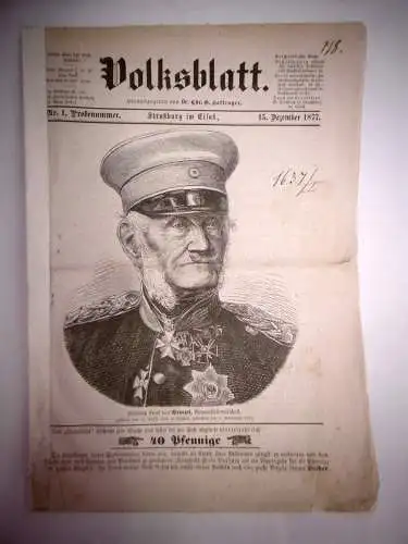Alte Zeitschrift Volksblatt Nr. 1 Probenummer 1877
