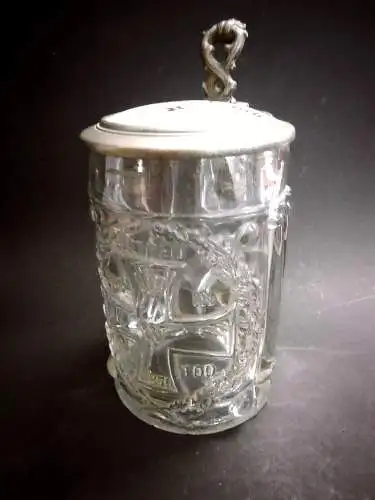 Antiker Gedenk-Bierkrug Glas mit Porzellandeckel , EK 1870 mit Aufdruck