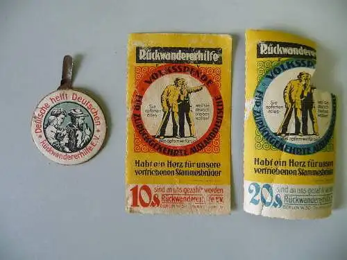 Abzeichen und Reklamemarke Rückwandererhilfe Spende ca. 1935