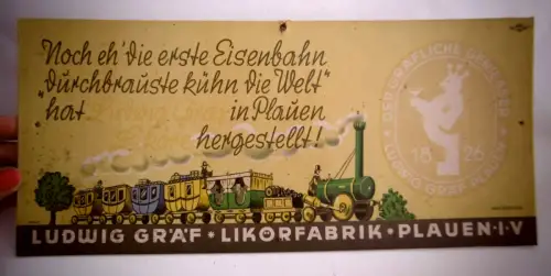 Altes orig. Werbeschild "Ludwig Gräf Likörfabrik Plauen i. Vgtl.",ca. 34 x 15 cm