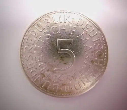 5 Deutsche Mark Münze, BRD, 1951, Prägestätte F