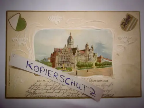 Alte Postkarte / Relief-Karte "Leipzig Neues Rathaus", gel. 1912