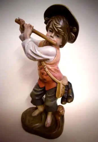 Wunderschöne Holzskulptur "Flötenspieler", handgeschnitzt, Südtirol, Micheli F.