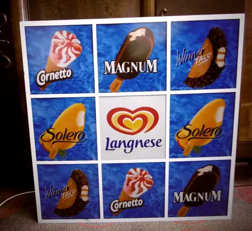 Vintage Leuchtreklameschild "Langnese Eiscreme" mit Aufhängung