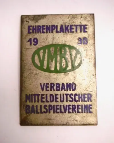 Alte Ehrenplakette des VMBV aus dem Jahre 1930 (Metall, ca. 6 x 4 cm)