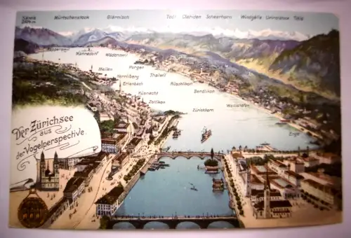 Alte Postkarte "Der Zürichsee aus der Vogelperspektive", gel. 1910