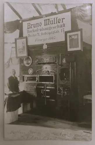 Alte Echtfoto PK "Backofenbaugeschäft Bruno Müller Dresden", gel. 1913