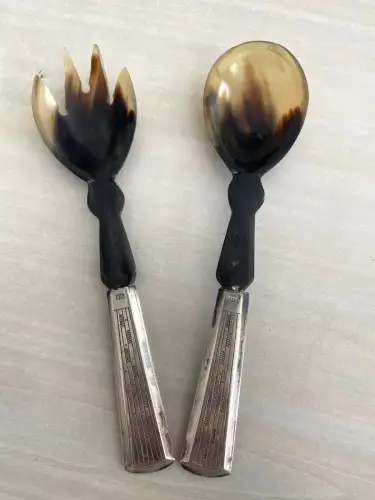 Jugenstil Salatbesteck 835er Silber + Horn, Unikat! Länge ca. 17 cm