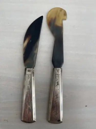 Jugenstil Besteck-Set (Messer + Buttermesser) 835er Silber + Horn, Unikat!