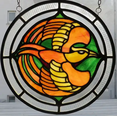 VOGELMOTIV
Runde Jugendstilscheibe, sehr kleinteilig, musivisch, sehr seltene Arbeit