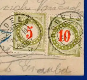 Schweiz / Nachporto 5 Rappen + 10 Rappen + Frankatur 5 Rappen / auf Ansichtskarte 1910