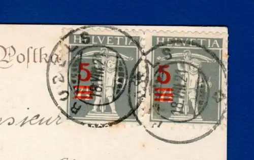 1921 / Tellknabe, 3 Aufbrauchmarken 7 1/2 auf 5 Rappen / 
Mi CH 158, Zumstein 148 II, / gestempelt auf AK