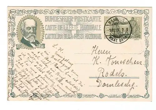 Künstler-AK / Schweiz. Bundesfeier 1919 / Gottfried Keller / Zumstein Nr. 28 - Bundesfeierpostkarten / Marke Nr. 143