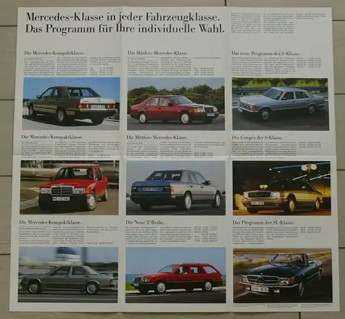 Mercedes 190/S-Klasse/SL/W201/W124/W126/R107/C126/T124/T-Modell/Coupé Prospekt/brochure/folder 1985