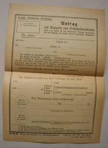 Antrag auf Schülerferienkarten Deutsche Reichsbahn 20/30 Jahre Schülerfahrkarte