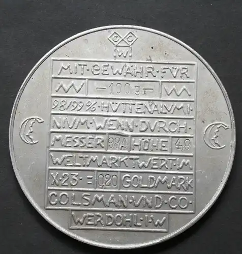 Notgeld Hüttenaluminium 1923 Werdohl I.W. - Colsman und Co. - großer Alu Taler - 