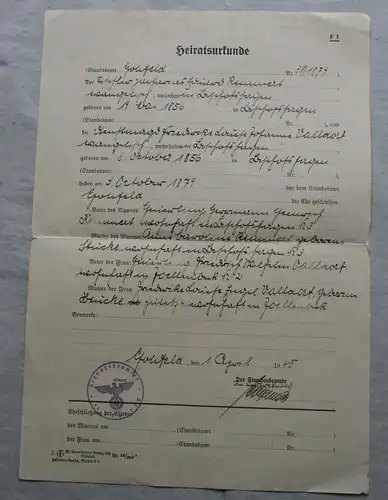 Heiratsurkunde F1 Standesamt Gohfeld 1940 - 3.Reich