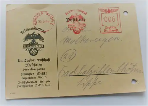 Postkarte Reichsnährstand Blut und Boden Landesbauernschaft Westfalen Münster nach Schötmar 1944