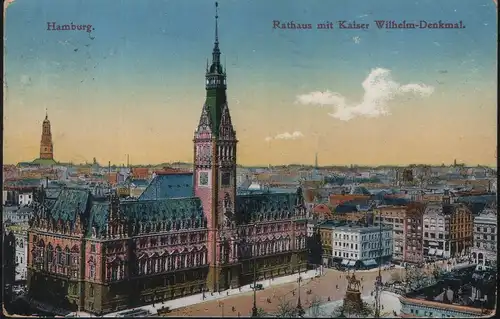 Hamburg. Rathaus mit Kaiser Wilhelm-Denkmal
