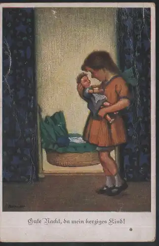 Little girl with a doll, old postcard