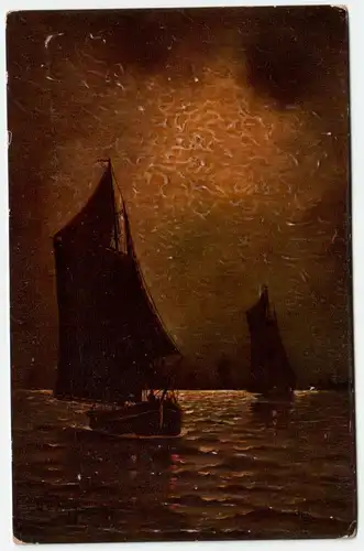Auf Fischfang // Segelboote auf See in der Nacht // Alte Ansichtskarte 