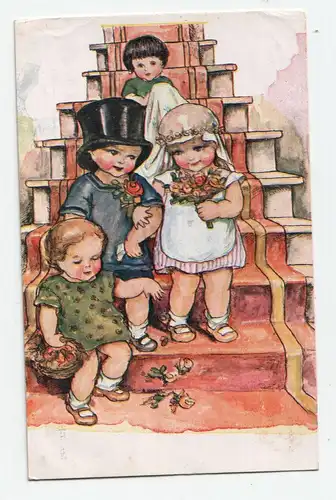 Kinder auf der Treppe // Alte Ansichtskarte