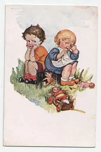 Alte Ansichtskarte // Mädchen und Baby mit Spielzeug