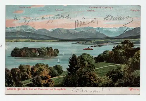 Starnberger See: Blick auf Roseninsel und Gebirgskette. jahr 1910