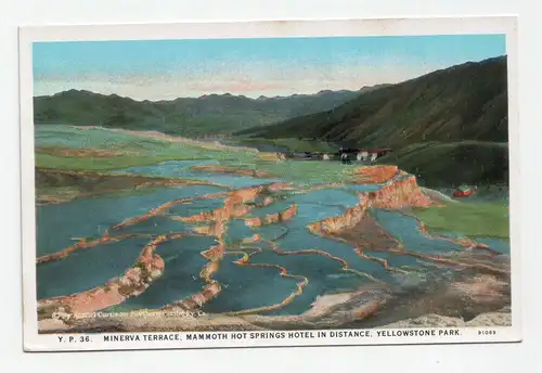 Minerva Terrace, Mammoth Hot Springs Hotel In Distance, Yellowstone Park.