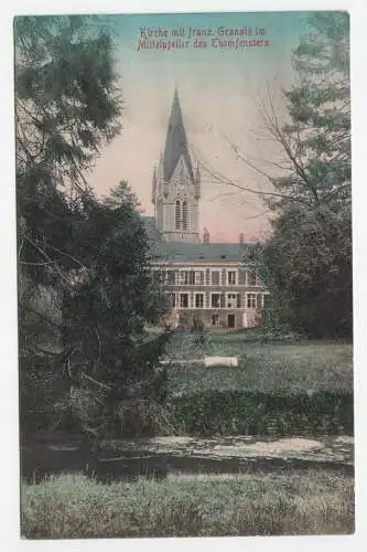 Kirche mit franz. Granate im Mittelpfeiler des Turmfensters 1915