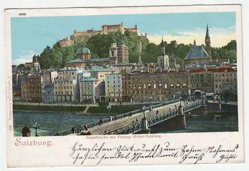 Salzburg. Staatsbrücke mit Festung Hohen-Salzburg. Alte Ansichtskarte
