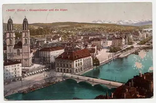 Zürich Grossmünster und die Alpen. jahr 1919