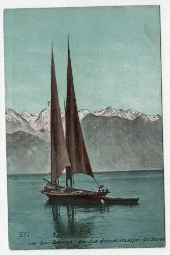 Lac Leman. Barque devant les Alpes de Savoi