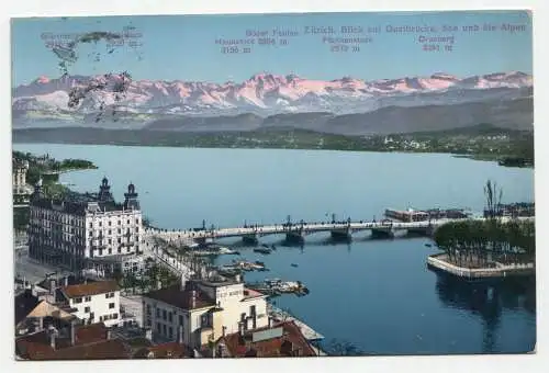Zürich. Blick auf Quaibrücke, See und die Alpen. jahr 1913