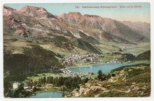 Hahnensee-Restaurant. Blick auf St. Moritz.