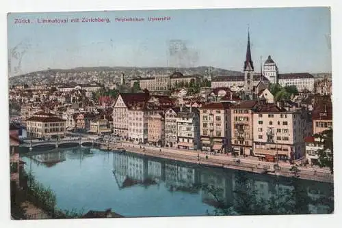 Zürich. Limmatquai mit Zürichberg. Polytechnikum Universität. circa 1928
