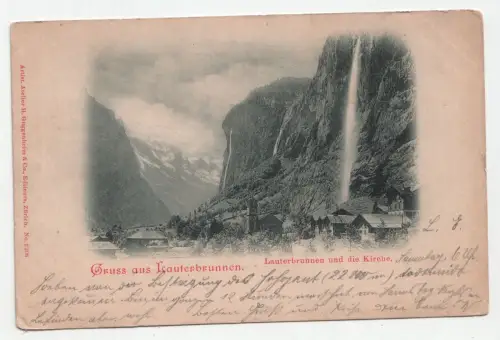 Gruss aus Lauterbrunnen. Lauterbrunnen und die Kirche. jahr 1899