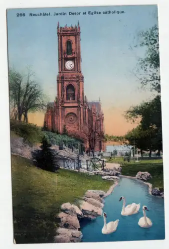 Neuchatel. Jardin Desor et Eglise catholique. jahr 1919