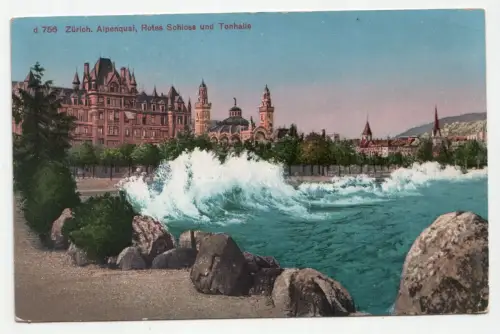 Zürich. Alpenquai, Rotes Schloss und Tonhalle.