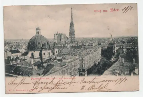 Gruß aus Wien. Panorama mit Peters und Stefanskirche. jahr 1914