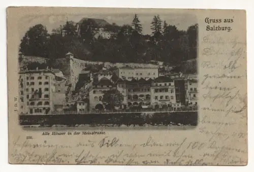Gruss aus Salzburg. Alte Häuser in der Steinstrasse. jahr 1898