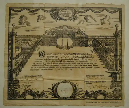 Würzburg, Residenz – Holzschnitt auf einem Gesellenbrief 1799