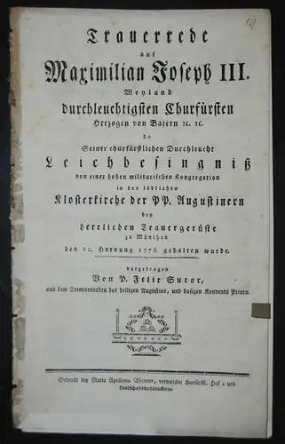 Sutor – Trauerrede für Maximilian Joseph III., Kurfürst von Bayern - 1778