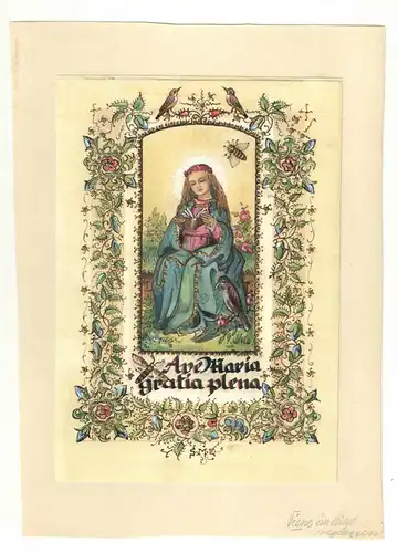 Ave Maria gratia plena - Aquarellierte Federzeichnung, goldgehöht – Um 1960