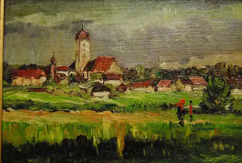 Ölbild - Dorf in Voralpenlandschaft - nach 1945