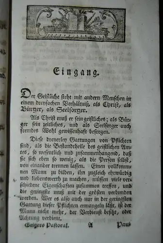 Geiger - Pastorallehre. Von den Pflichten des Seelsorgers - 1789