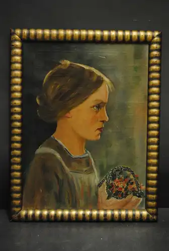 Ölbild - Junges Mädchem mit Blumen - um 1915